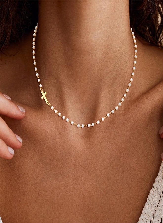 VIROMY Gold Pearl Cross Necklace for Women - Dainty Sidways Cross Pendant Necklace Pearls Beaded Necklaces Pearl Chain Choker Necklaces Faith Jewelry Religious Gifts for Women - Image 2